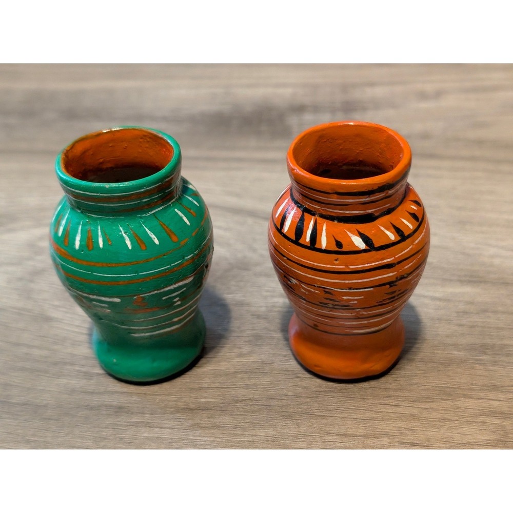 Vintage Hand Painted Miniature Pottery Vases Set of 2 Green Orange Folk Art 3"